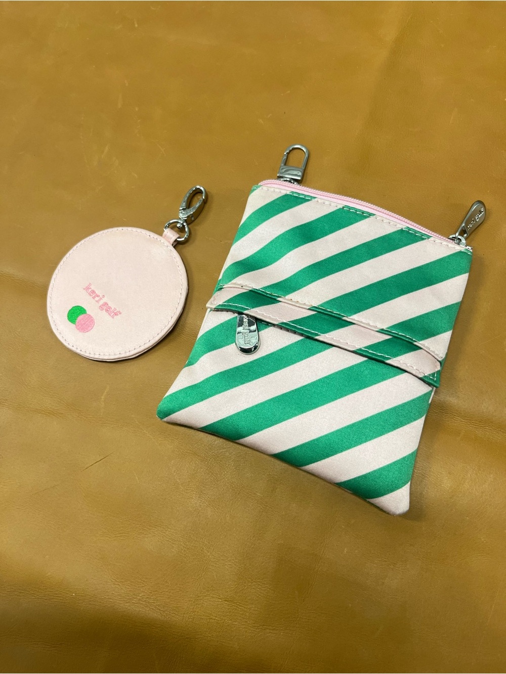 Keri Golf Pouch Fern Collection Striped Green & Pink Zip Pouch with Mirror